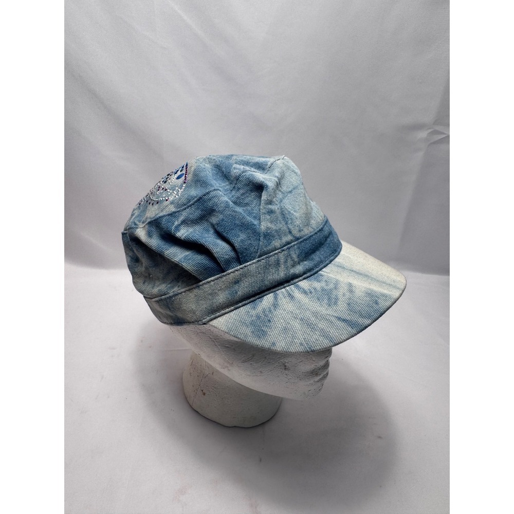 Joe Boxer Cadet Hat Vintage Acid Wash Blue Denim Rhinestone Butterfly Y2K New